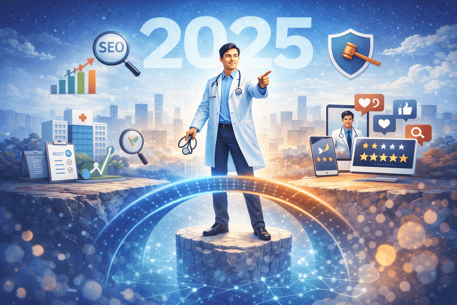 2025 年醫師站在專業、SEO、評價與法規之間,以個人品牌作為連結病患決策的橋梁的視覺意象