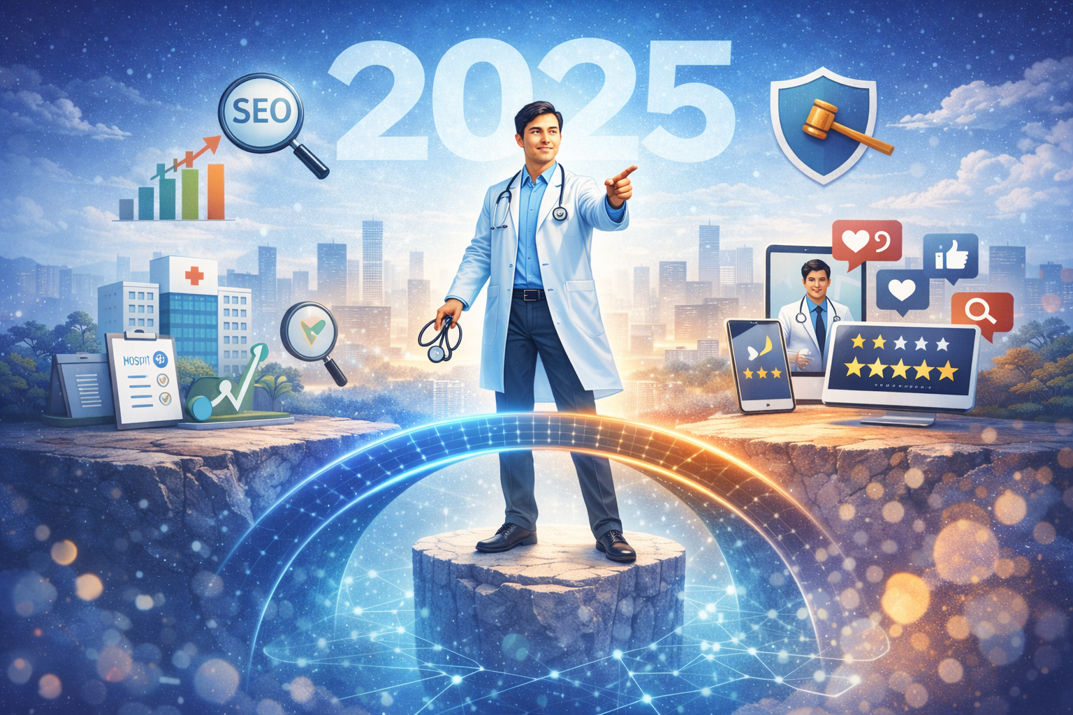 2025 年醫師站在專業、SEO、評價與法規之間，以個人品牌作為連結病患決策的橋梁的視覺意象